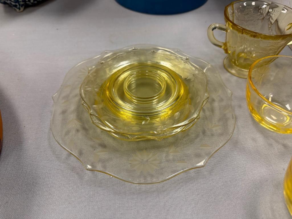 YELLOW DEPRESSION GLASS SAUCERS, CUPS, PLATE, SUGAR BOWL - 7