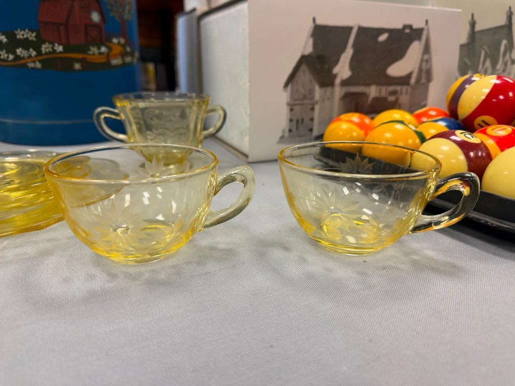 YELLOW DEPRESSION GLASS SAUCERS, CUPS, PLATE, SUGAR BOWL - 8