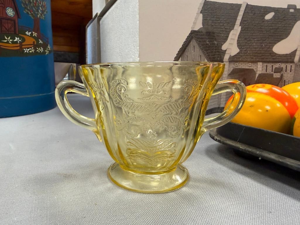 YELLOW DEPRESSION GLASS SAUCERS, CUPS, PLATE, SUGAR BOWL - 9