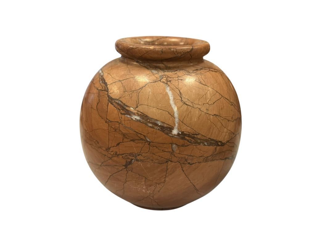 HEAVY BULBOUS JASPER STONE VASE: SEMI-POLISHED STONE VASE WITH RICH BROWN AND WHITE VEINS, NO CHIPS 6" H