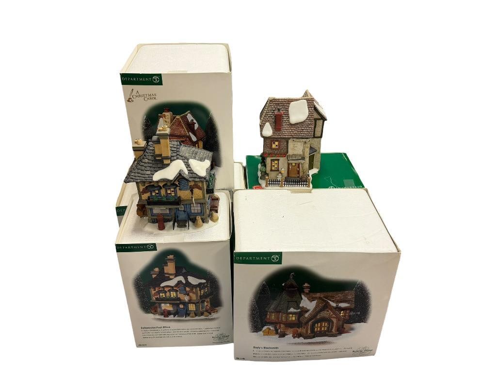 DICKENS VILLAGE DEPT 56 HOLIDAY PORCELAIN ILLUMINATING BUILDINGS: COLLYWESTON POST OFFICE, BAYLY'S BLACKSMITH, BELLE'S HOUSE, FIVE BUILDINGS TOTAL, ALLL WITH ORIGINAL BOX
