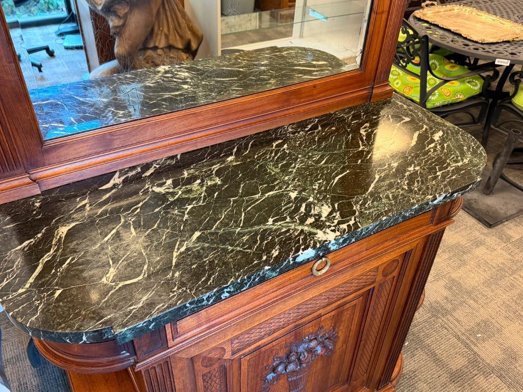 ANTIQUE FRENCH WALNUT SIDEBOARD CABINET WITH RICH GREEN MARBLE TOP - 11