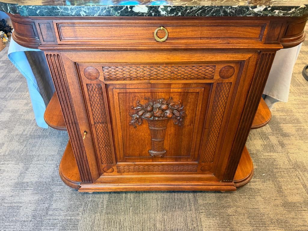 ANTIQUE FRENCH WALNUT SIDEBOARD CABINET WITH RICH GREEN MARBLE TOP - 18