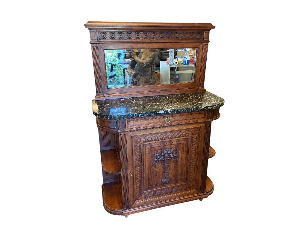 ANTIQUE FRENCH WALNUT SIDEBOARD CABINET WITH RICH GREEN MARBLE TOP: FEATURES CARVED UPPER MIRROR BACK, CARVED FRONT DOOR WITH FLORAL BOUQUET AND SNAKE SKIN STYLED CARVED BORDER, WREATH RING PULL, INCLUDES KEY FOR BOTTOM CABINET, IN GREAT CONDITION, MINIMAL WEAR,
