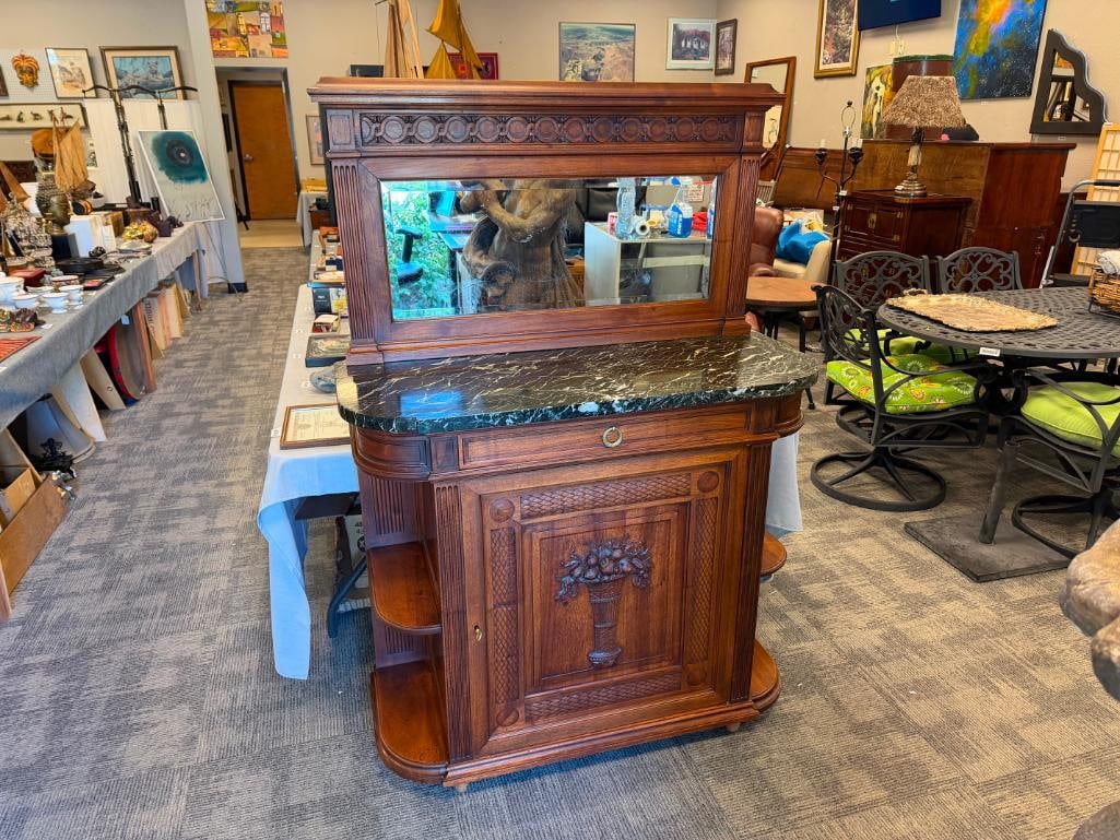 ANTIQUE FRENCH WALNUT SIDEBOARD CABINET WITH RICH GREEN MARBLE TOP - 2