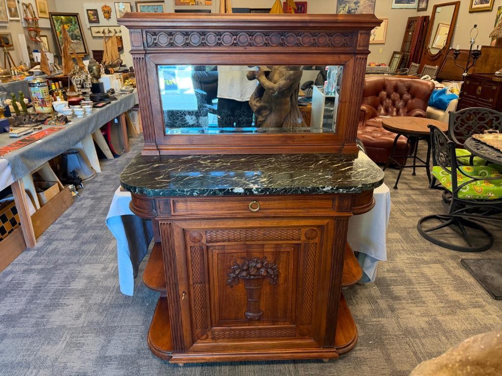 ANTIQUE FRENCH WALNUT SIDEBOARD CABINET WITH RICH GREEN MARBLE TOP - 3