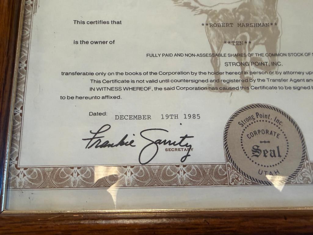 1985 STRONG POINT INC 50,000,000 SHARES STOCK CERTIFICATE NO. 3499 - 4
