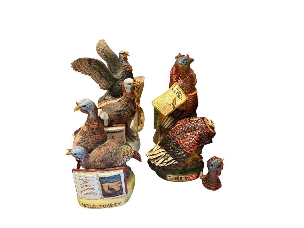 VINTAGE WILD TURKEY AUSTIN NICHOLS & CO. PORCELAIN TURKEY DECANTERS: FIGURAL DECANTERS, EACH WITH CONTENTS, NOT FULL, THE SPIRIT OF 76 INCLUDES ORIGINAL BOX, ALL WITH TOPS, TWO HAVE BROKEN CORKS 9 3/4" UP TO 12 1/4" H