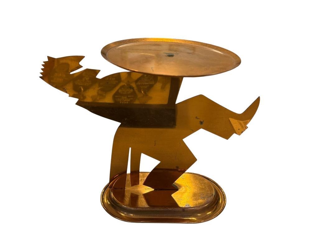 ART DECO CHASE BRASS & COPPER BUTLER BAGEL / PRETZEL / SNACK STAND DESIGNED BY LURELLE GUILD 1930'S: SILHOUETTE BUTLER PEDESTAL WITH OVAL BASE AND ROUND TOP 7 1/4" H