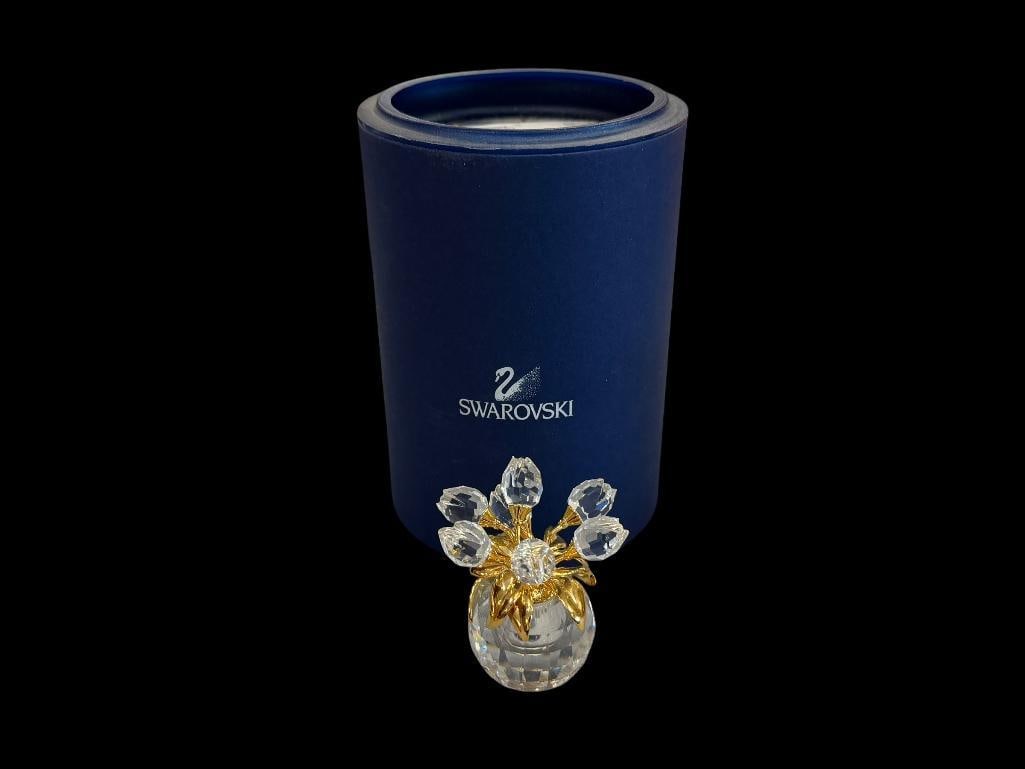 SWAROVSKI CRYSTAL TULIPS IN VASE FIGURINE WITH GOLD LEAVES CRSYTAL MEMORIES COLLECTION: RETIRED, IN MINT CONDITION WITH ORIGINAL STORAGE TUBE, NO CHIPS OR REPAIRS 2 1/4" H