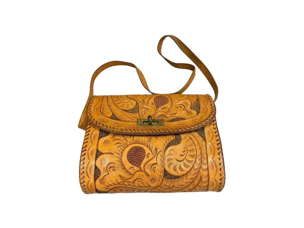 TOOLED LEATHER WESTERN FASHION SATCHEL WITH SHOULDER STRAP: 9" X 7"