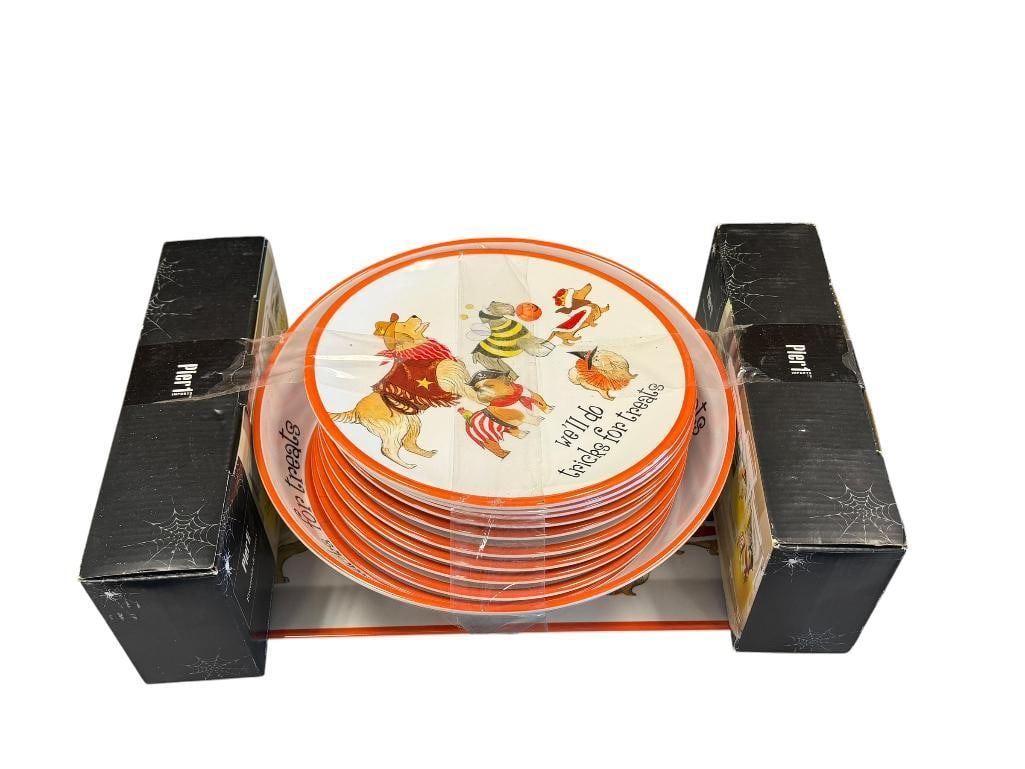 HALLOWEEN HOLIDAY PIER 1 JUICE GLASSES AND ILLUSTRATED DOG PLASTIC BOWLS AND TRAY: SERVING BOWL WITH TEN MATCHING PLATES AND TWO SETS OF FOUR JUICE GLASSES IN ORIGINAL BOX