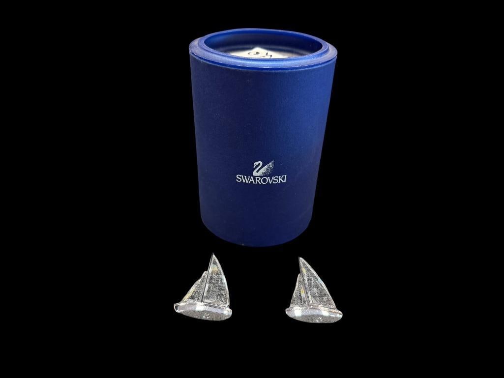 SWAROVSKI CRYSTAL PAIR OF SAILBOATS WITH SILVER FINISH METAL HULL: NO CHIPS OR REPAIRS, INCLUDES SWAROVSKI STORAGE TUBE, NOT ORIGINAL TUBE 1 3/4" H