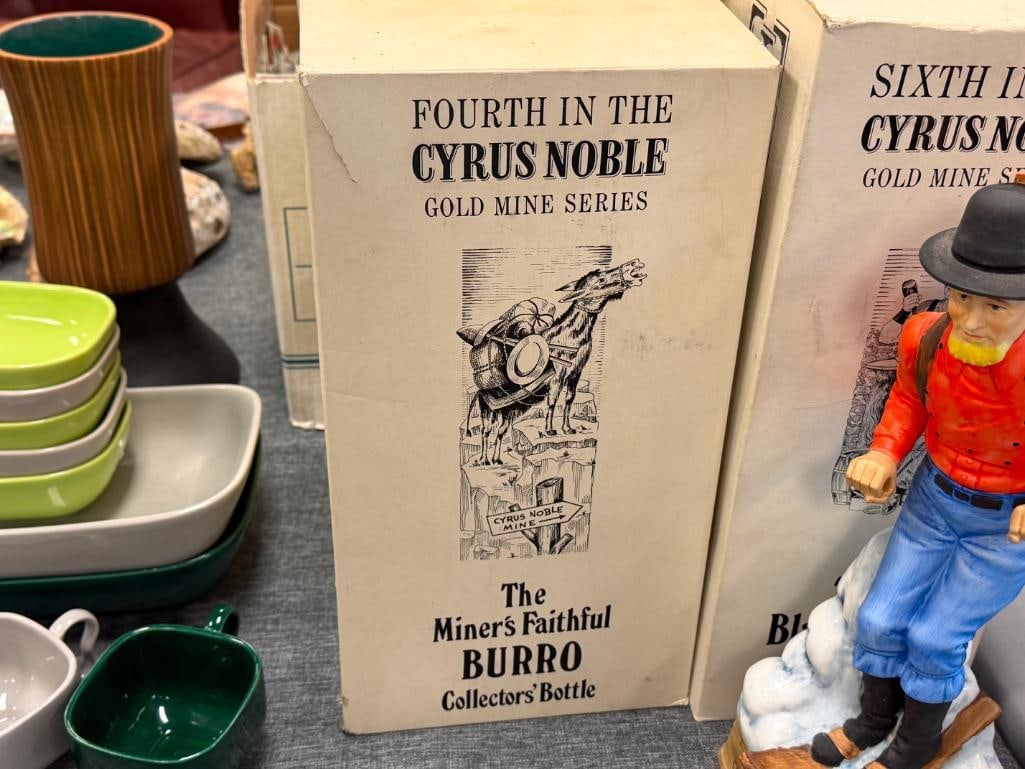 CYRUS NOBLE PORCELAIN DECANTER SET SNOWSHOE THOMPSON, MINER, BURRO, BLACKSMITH, LANDLADY, ASSAYER - 12
