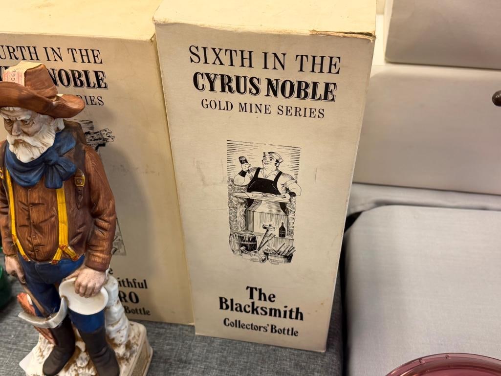 CYRUS NOBLE PORCELAIN DECANTER SET SNOWSHOE THOMPSON, MINER, BURRO, BLACKSMITH, LANDLADY, ASSAYER - 19