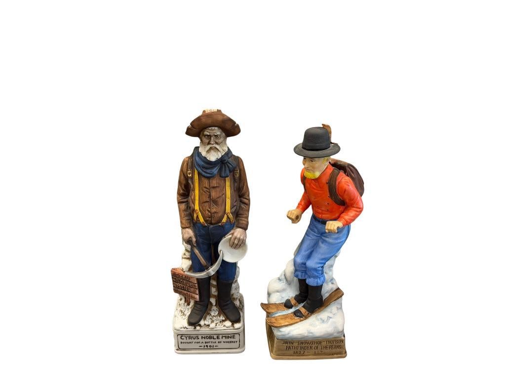 CYRUS NOBLE PORCELAIN DECANTER SET SNOWSHOE THOMPSON, MINER, BURRO, BLACKSMITH, LANDLADY, ASSAYER: GOLD MINE SERIES / SEARCHLIGHT NEVADA, FOUR INCLUDE ORIGINAL BOX, TOTAL OF SIX