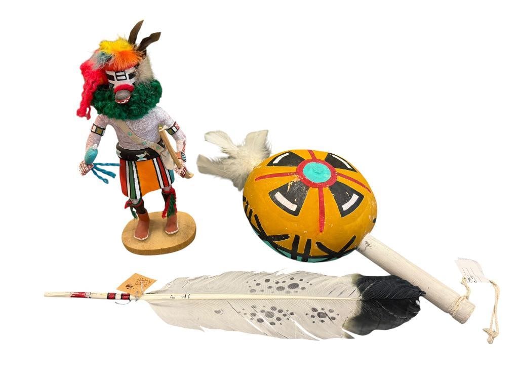 NATIVE AMERICAN COLLECTIBLES MURRAY HARVEY FIRST MESA KACHINA, BEAR PRAYER FEATHER, RATTLE (1 of 10)