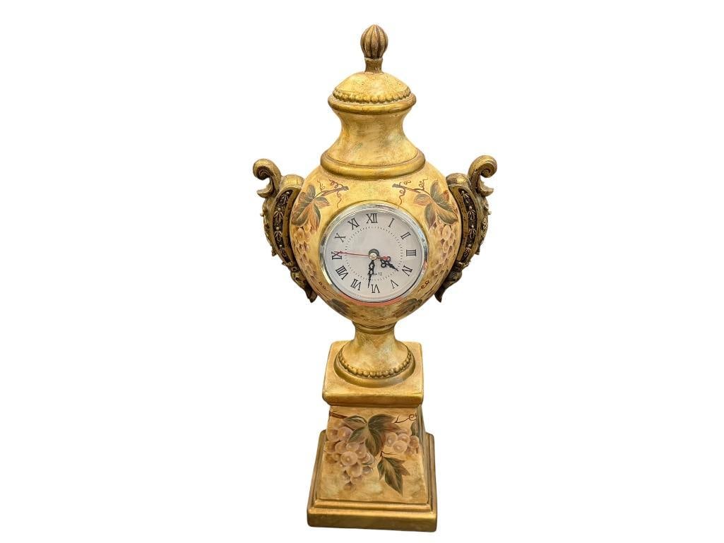 DECORATIVE URN STYLED CERAMIC ACCENTS CLOCK: SQUARE PEDESTAL BASE WITH GRAPE MOTIF AND ORNATE APPLIED HANDLES, BATTERY OPERATED, TESTED +, HANDS NEED TO BE TIGHTENED 18 1/2" H