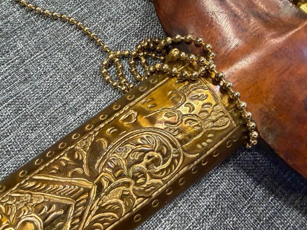 ANTIQUE INDONESIAN KERIS DAGGER WITH CARVED HANDLE AND ELABORATE BRASS SHEATH JAVANESE / MADURESE - 12
