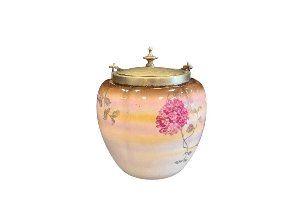 ANTIQUE TRANSFER DECORATED ENGLISH BISCUIT BARREL WITH SILVER TOP AND SWING TOP HANDLE (1 of 9)