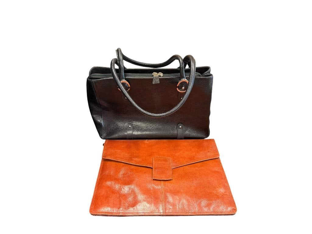 GENUINE BROWN LEATHER BRIEFCASE AND FRANKLIN COVEY BLACK LEATHER PURSE: FRANKLIN COVEY BAG HAS CHROME HARDWARE IS IN LIKE-NEW CONDITION, LEATHER BRIEFCASE HAS LITTLE TO NO WEAR, BUT HAS FRAYED EDGES 15" X 11" BRIEFCASE AND 15" X 10" PURSE