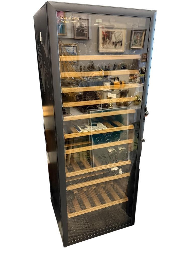 EUROCAVE COMFORT VIELLITHEQUE 264 WINE BOTTLE CELLAR WITH SEVEN SLIDING SHELVES: IN LIKE-NEW CONDITION, INCLUDES KEY AND MANUAL, CLOSE TO $2000 NEW 26" X 25" X 68"