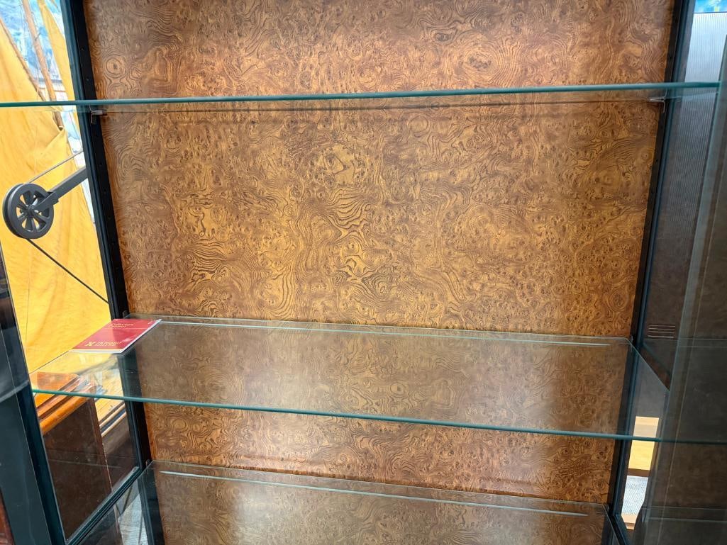 HOWARD MILLER ILLUMINATING DISPLAY CABINET WITH GLASS FRONT DOORS AND WOOD GRAIN BACK MODEL. 680-... - 7