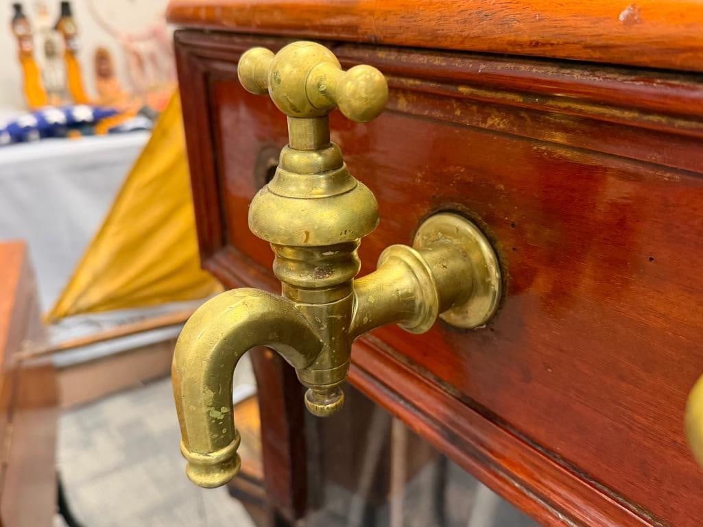 19TH CENTURY ENGLISH BRASS BEER TAP MAHOGANY CABINET WITH BRASS AND PORCELAIN HARDWARE - 12