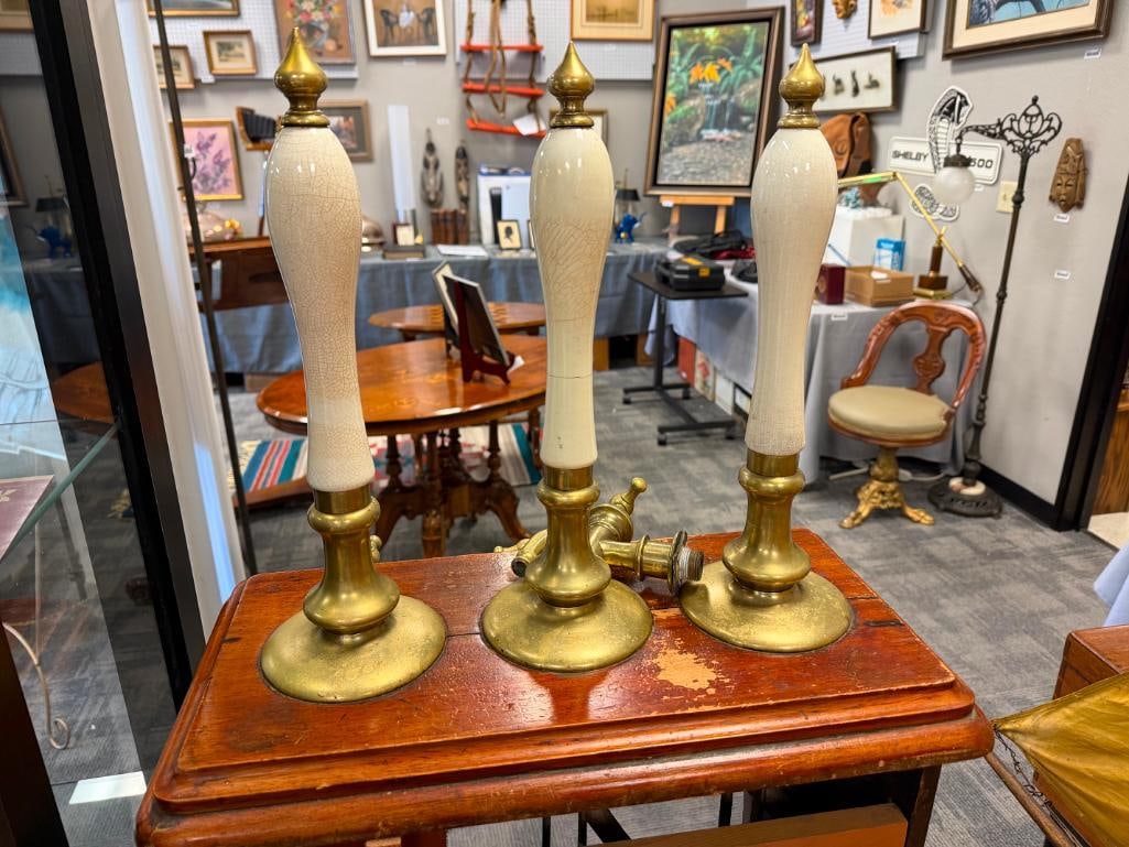 19TH CENTURY ENGLISH BRASS BEER TAP MAHOGANY CABINET WITH BRASS AND PORCELAIN HARDWARE - 19