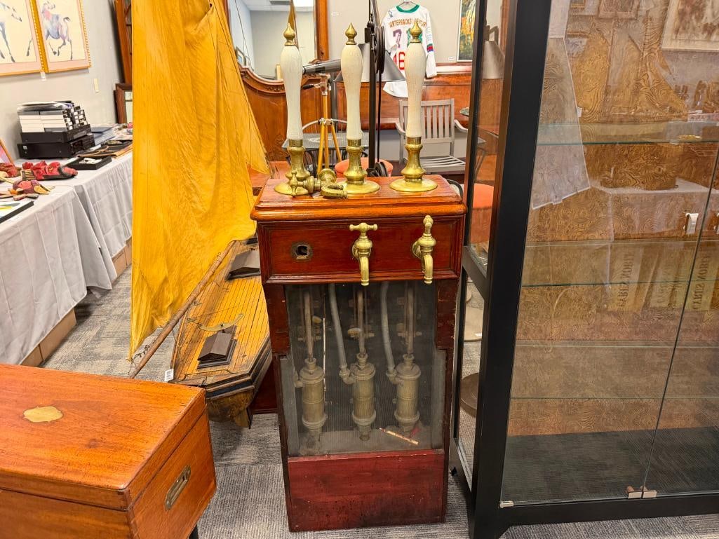 19TH CENTURY ENGLISH BRASS BEER TAP MAHOGANY CABINET WITH BRASS AND PORCELAIN HARDWARE - 2