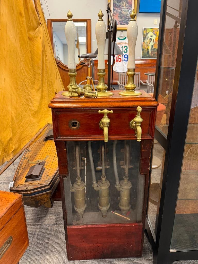 19TH CENTURY ENGLISH BRASS BEER TAP MAHOGANY CABINET WITH BRASS AND PORCELAIN HARDWARE - 3