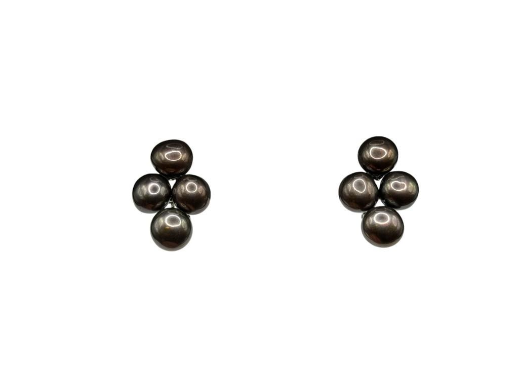 STERLING SILVER GREY PEARL CLUSTER EARRINGS WITH OMEGA CLIP-BACKS: 1 1/8", 13.37 GRAMS, 10MM PEARLS