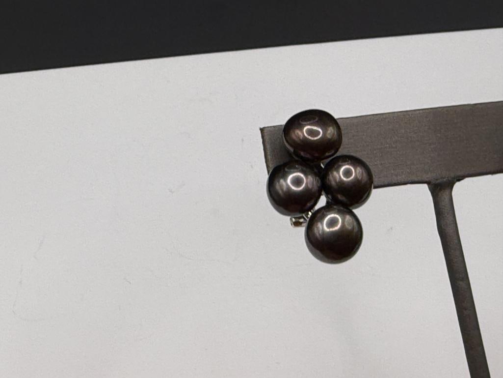 STERLING SILVER GREY PEARL CLUSTER EARRINGS WITH OMEGA CLIP-BACKS - 2