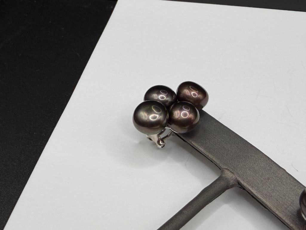 STERLING SILVER GREY PEARL CLUSTER EARRINGS WITH OMEGA CLIP-BACKS - 3