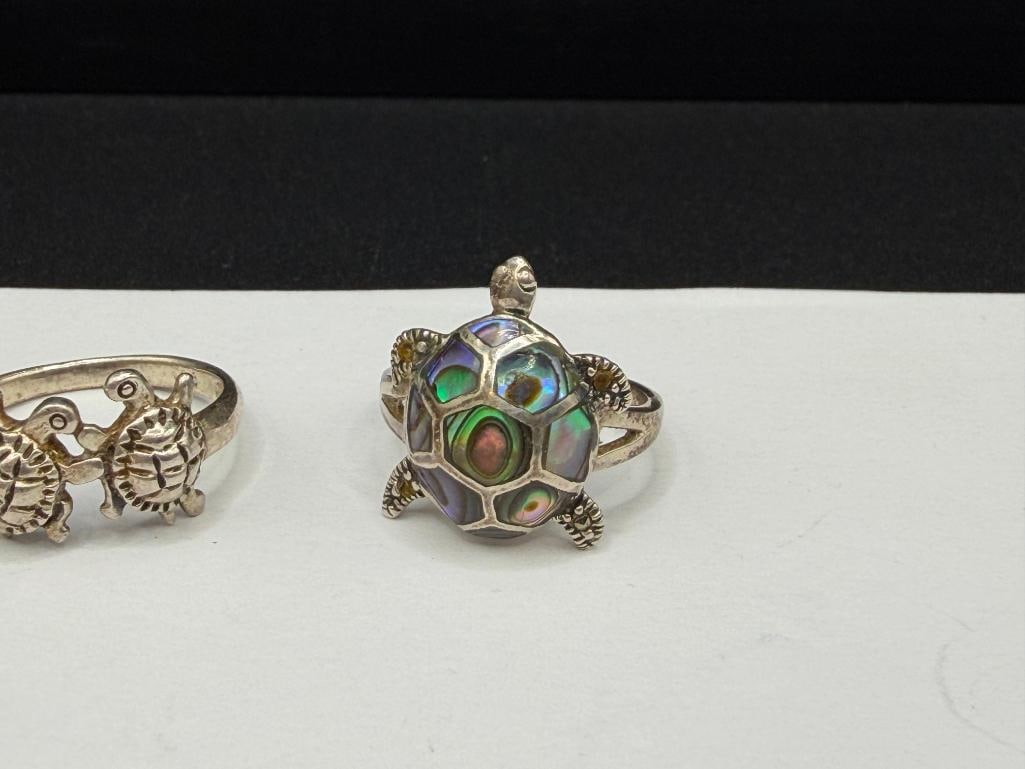 TWO STERLING SILVER TURTLE DESIGN RINGS INCLUDING INLAID ABALONE SHELL DESIGN - 2