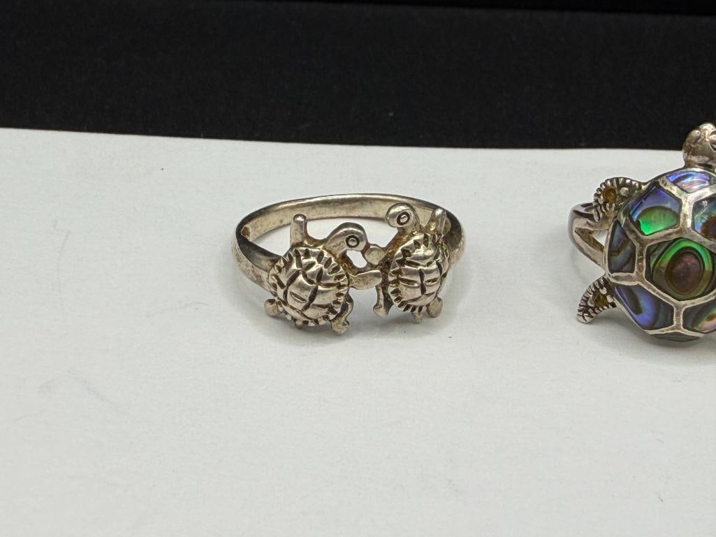 TWO STERLING SILVER TURTLE DESIGN RINGS INCLUDING INLAID ABALONE SHELL DESIGN - 3