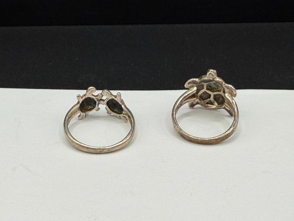 TWO STERLING SILVER TURTLE DESIGN RINGS INCLUDING INLAID ABALONE SHELL DESIGN - 4