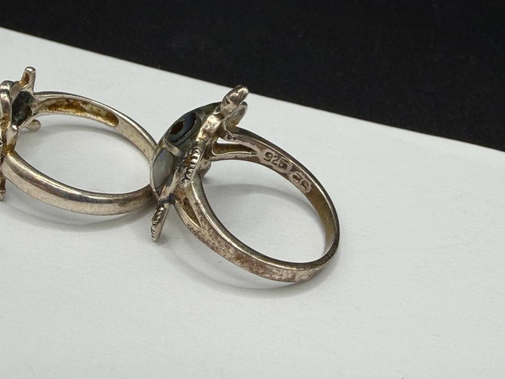 TWO STERLING SILVER TURTLE DESIGN RINGS INCLUDING INLAID ABALONE SHELL DESIGN - 6