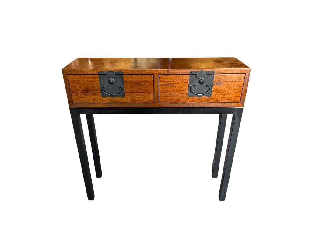 MARIA YEE FOR GUMP'S CALIFORNIA CONSOLE TABLE ASIAN TANSU DESIGN: BLACK BASE WITH TWO DRAWER WOOD TOP, DECORATIVE PULL HANDLES, LABEL ON LEFT DRAWER, DOVETAIL CONSTRUCTION, IN LIKE-NEW CONDITION, SEE LOT # 469 FOR MATCHING PIECE 36" X 10" X 35"
