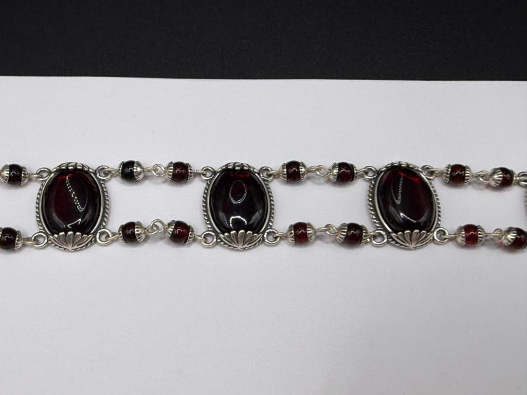 STERLING SILVER BLOOD AMBER CABOCHON LINK BRACELET - 2