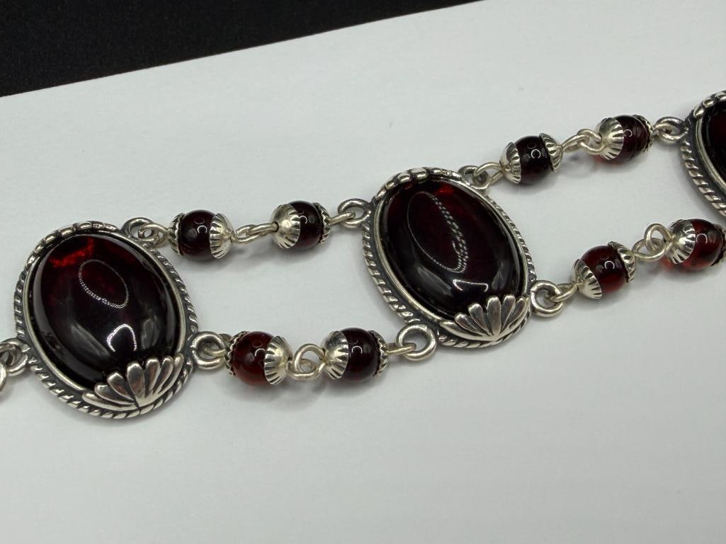 STERLING SILVER BLOOD AMBER CABOCHON LINK BRACELET - 3