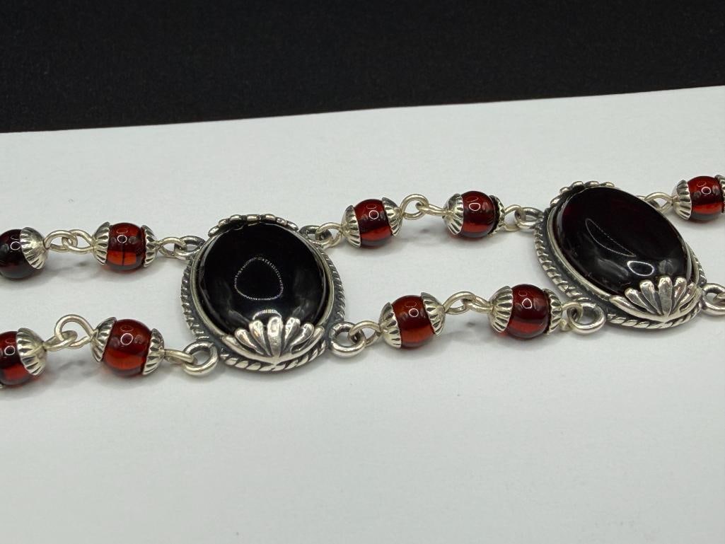 STERLING SILVER BLOOD AMBER CABOCHON LINK BRACELET - 4