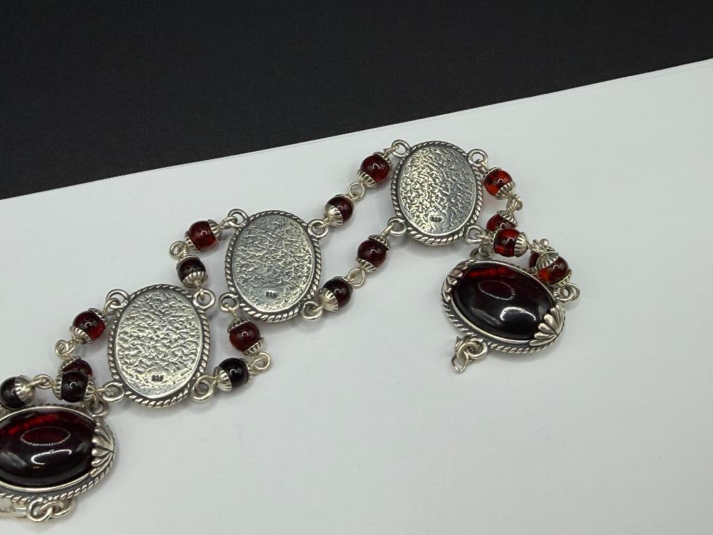 STERLING SILVER BLOOD AMBER CABOCHON LINK BRACELET - 5