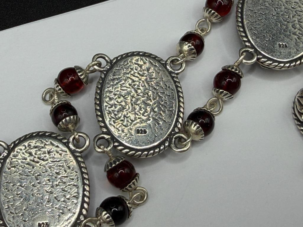 STERLING SILVER BLOOD AMBER CABOCHON LINK BRACELET - 6