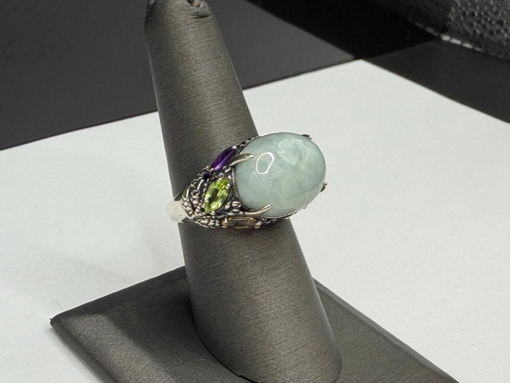 STERLING SILVER WHITE / GREEN JADE CABOCHON RING ACCENTED BY AMETHYSTS, PERIDOTS, AND CITRINES - 2