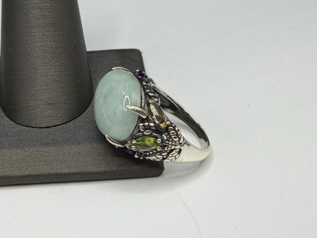 STERLING SILVER WHITE / GREEN JADE CABOCHON RING ACCENTED BY AMETHYSTS, PERIDOTS, AND CITRINES - 3
