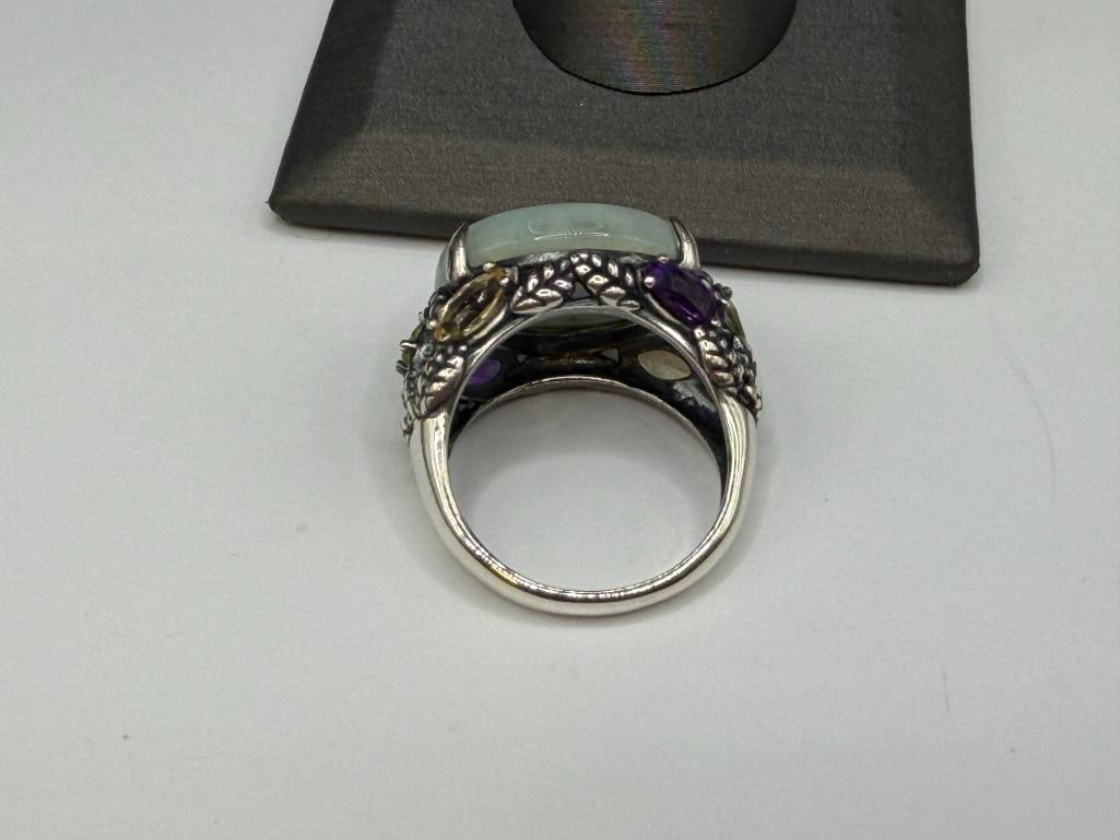 STERLING SILVER WHITE / GREEN JADE CABOCHON RING ACCENTED BY AMETHYSTS, PERIDOTS, AND CITRINES - 4