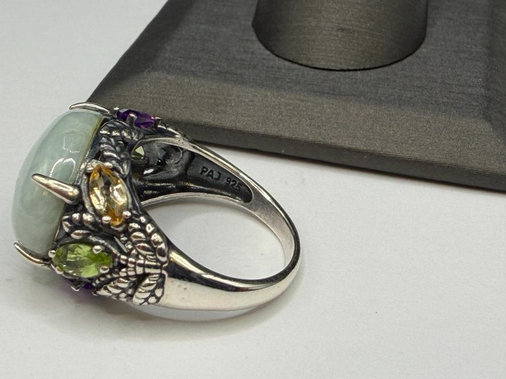 STERLING SILVER WHITE / GREEN JADE CABOCHON RING ACCENTED BY AMETHYSTS, PERIDOTS, AND CITRINES - 5