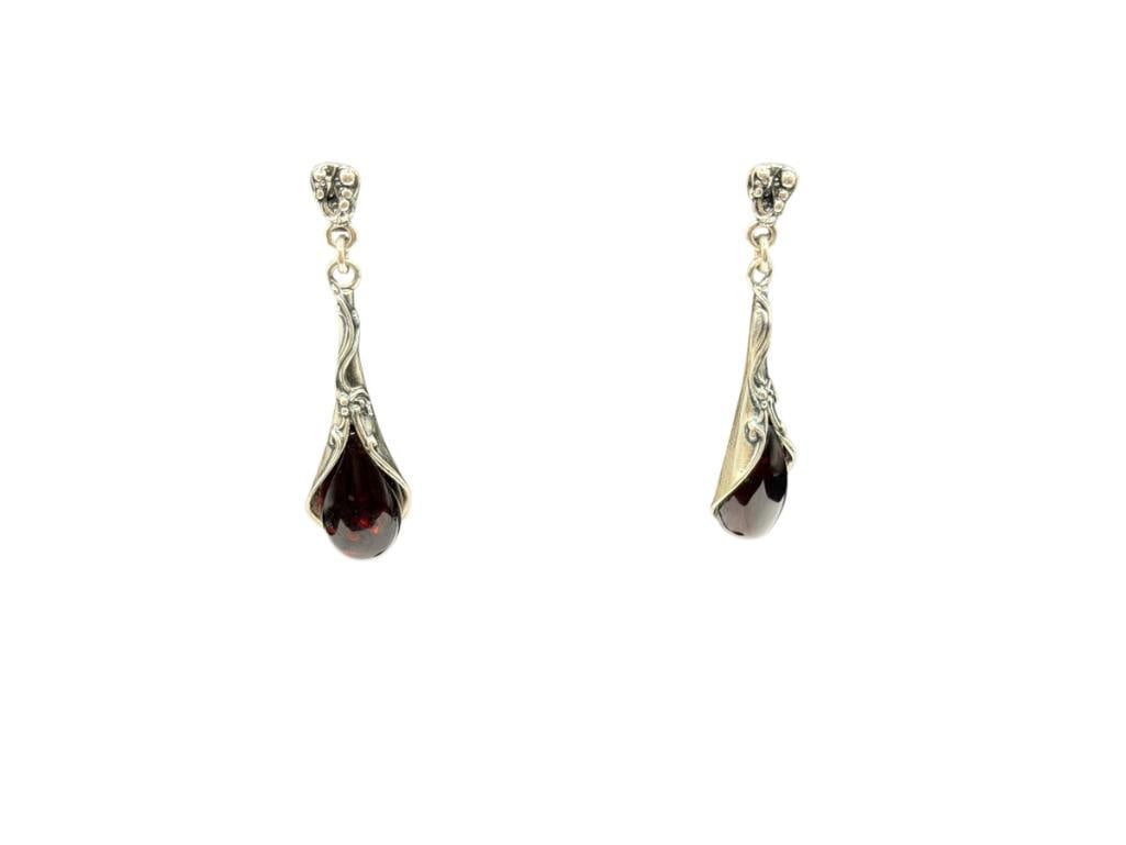 PAIR OF POLAND MADE STERLING SILVER BLOOD AMBER DANGLE EARRINGS: FEATURING ART NOUVEAU DESIGN, MARKED "POLAND" 1 7/8", 18MM X 10MM AMBERS, 7.77 GRAMS