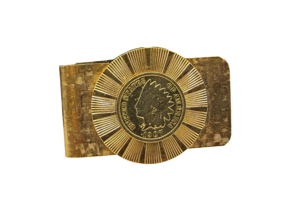 GOLD TONE PLATED 1907 U.S. INDIAN HEAD CENT MONEY CLIP: 1 7/8"